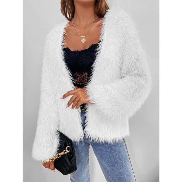 Drop Shoulder Fluffy Knit sweater Cardigan white - Picture 4 of 6
